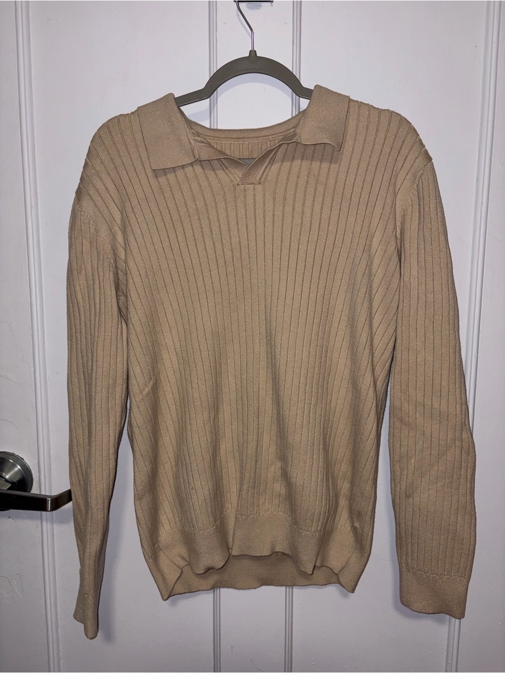 Men's Ribbed V-Neck Polo Sweater in Tan